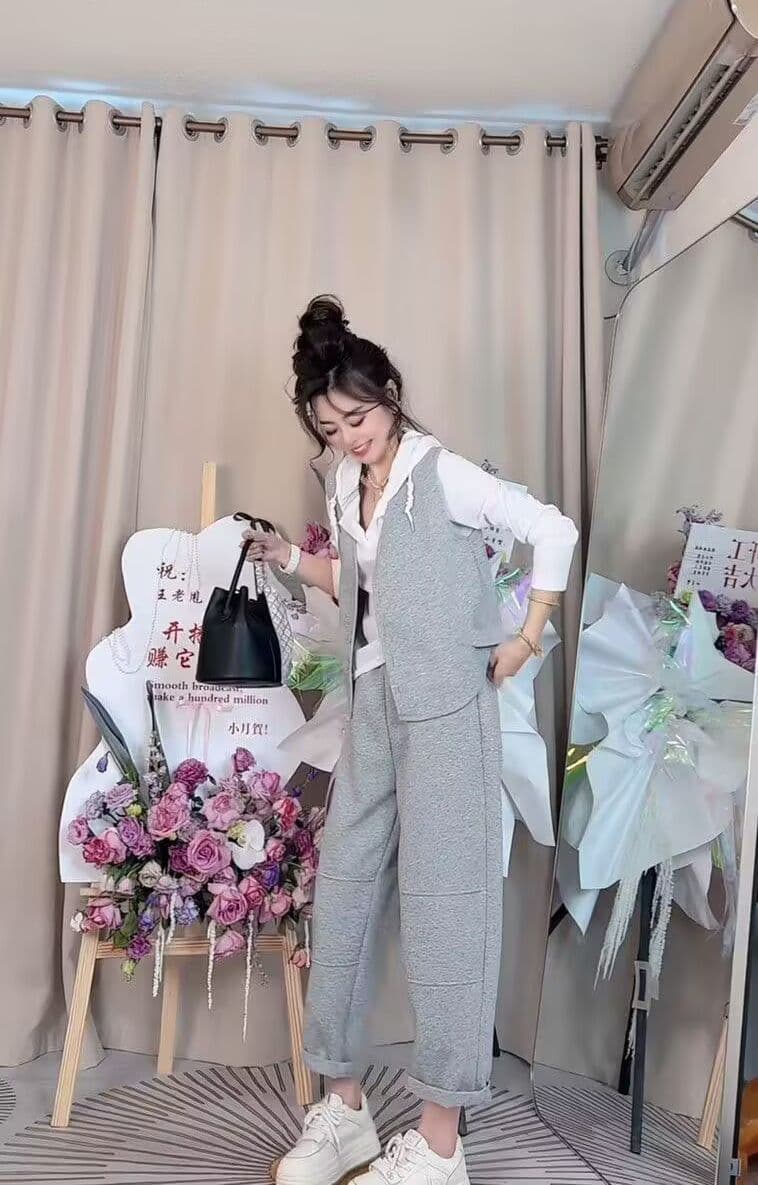 모방 면 사선 무늬 당겨 프레임 250그램 봄 가을 패션 세트 여성 레저 베스트 루즈핏 까마귀 3종 세트 상세 이미지 7