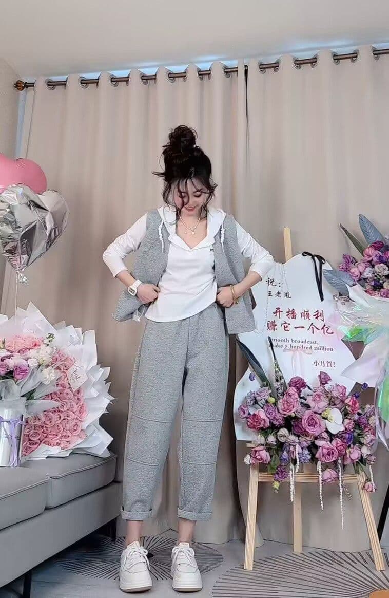 모방 면 사선 무늬 당겨 프레임 250그램 봄 가을 패션 세트 여성 레저 베스트 루즈핏 까마귀 3종 세트 상세 이미지 8