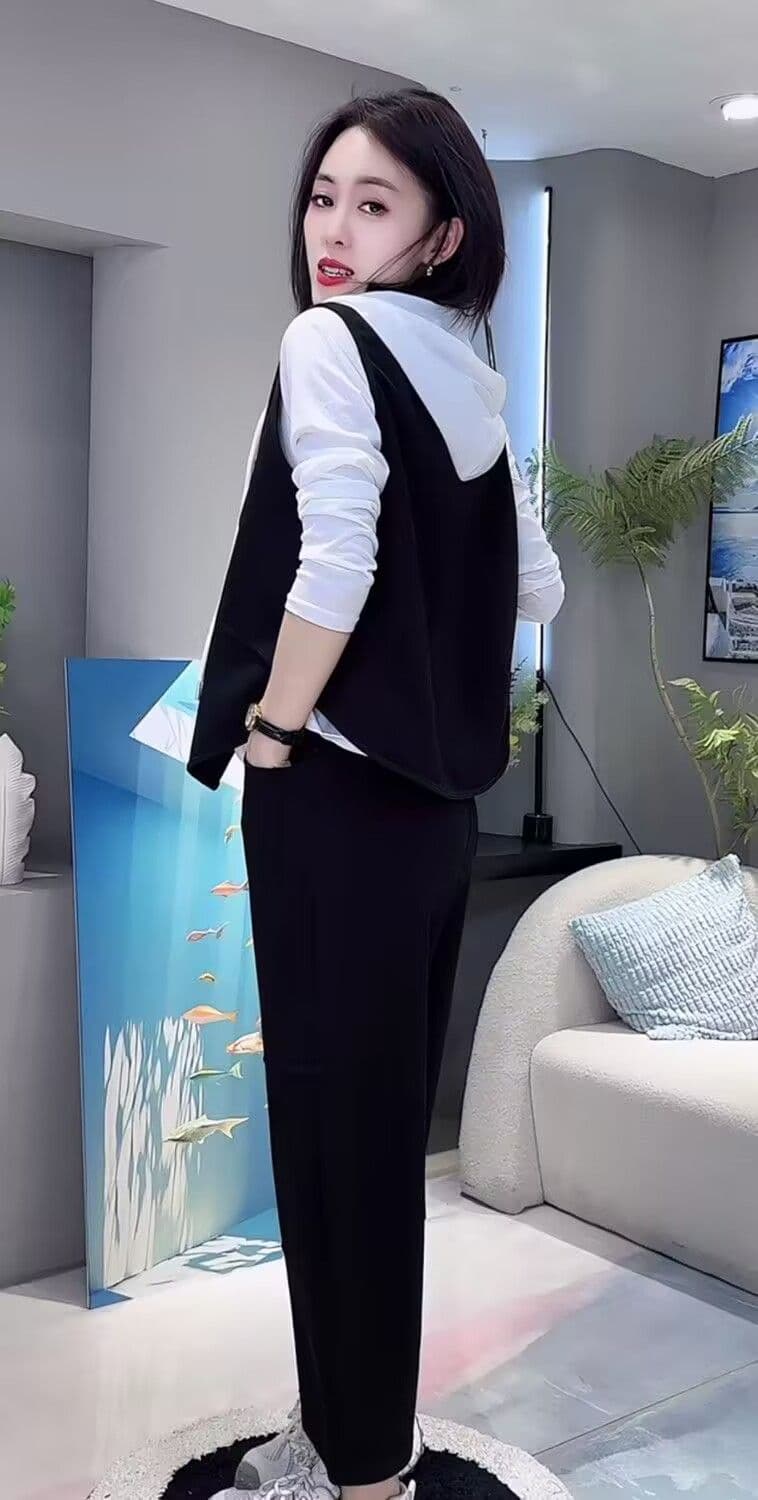 모방 면 사선 무늬 당겨 프레임 250그램 봄 가을 패션 세트 여성 레저 베스트 루즈핏 까마귀 3종 세트 상세 이미지 12
