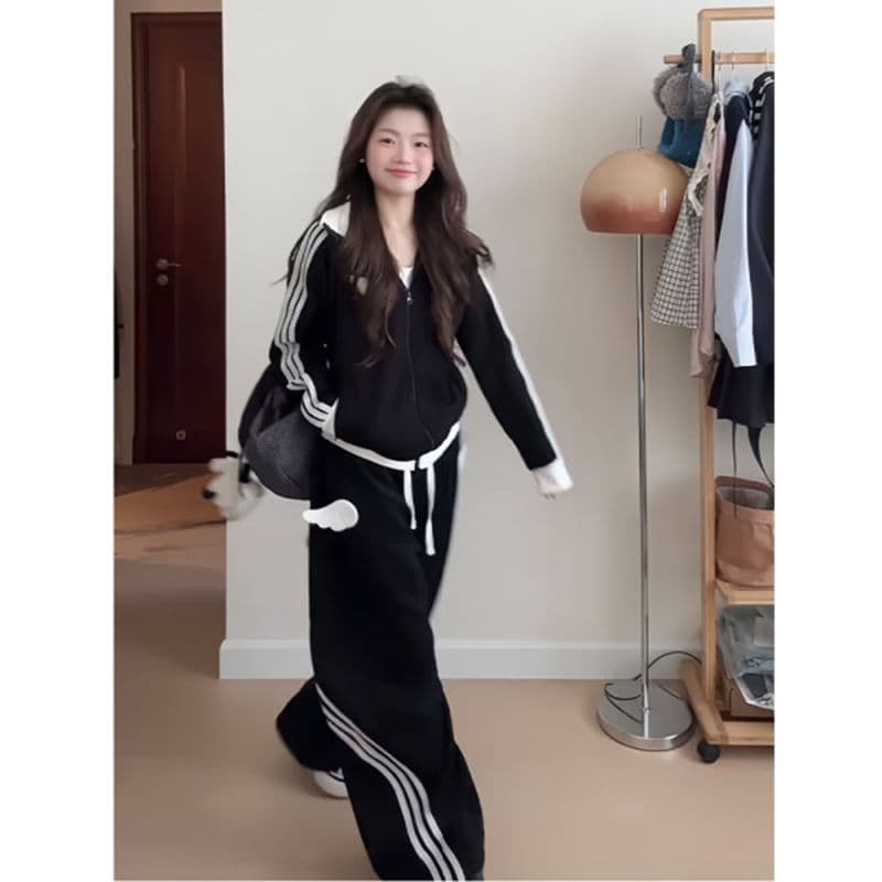 모방 면 사선 무늬 당겨 프레임 250그램 캐주얼 운동복 세트 여성 봄 가을 루즈핏 후드티 긴 바지 투피스 세트 이미지 3
