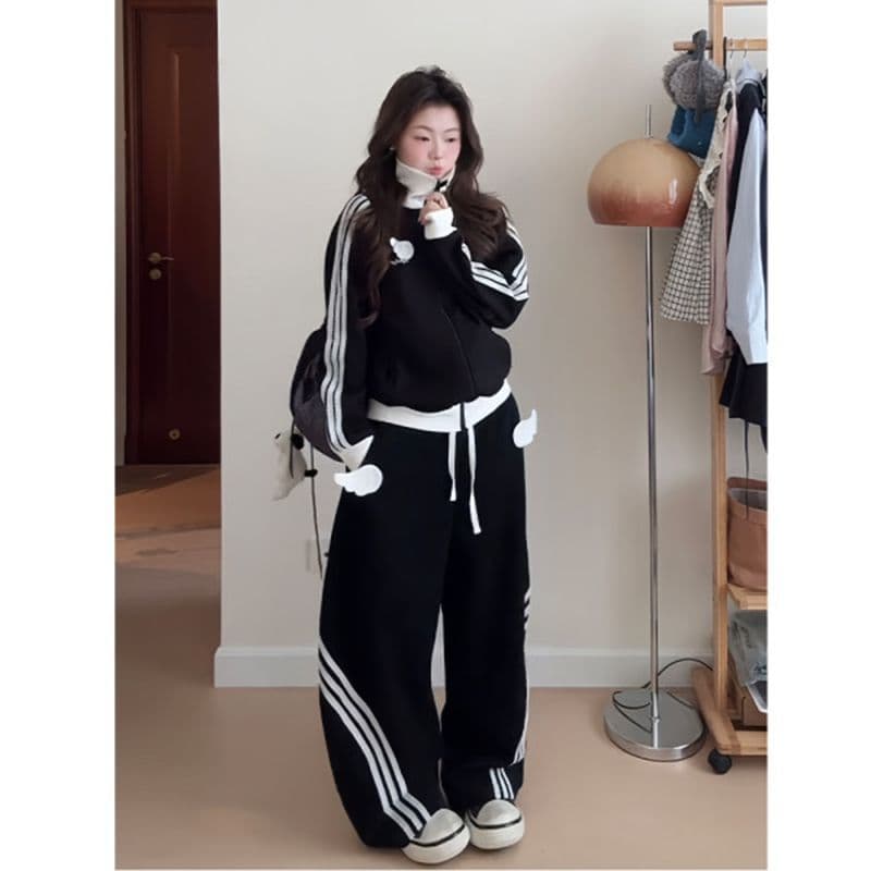 모방 면 사선 무늬 당겨 프레임 250그램 캐주얼 운동복 세트 여성 봄 가을 루즈핏 후드티 긴 바지 투피스 세트 이미지 4