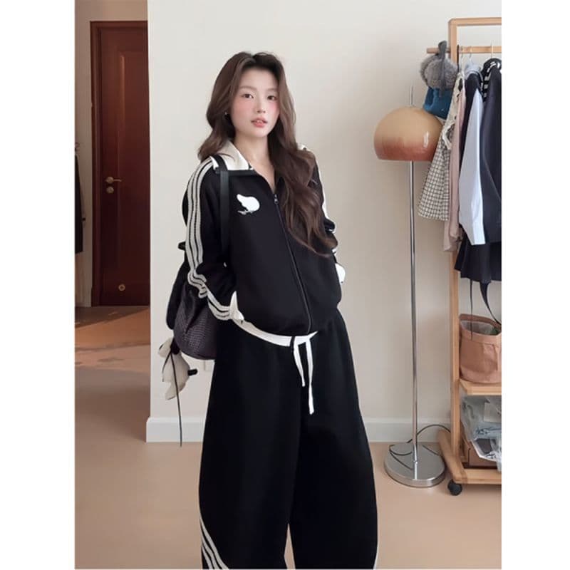 모방 면 사선 무늬 당겨 프레임 250그램 캐주얼 운동복 세트 여성 봄 가을 루즈핏 후드티 긴 바지 투피스 세트 이미지 5