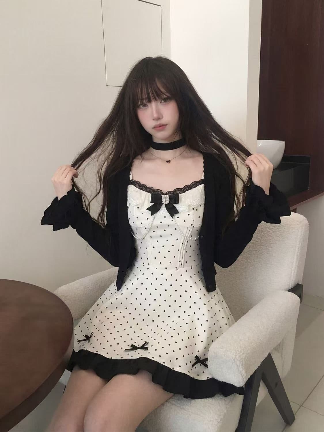 일본식 달콤함 소녀 천 골드 도트 무늬 나비 매듭 점프 슈트 치마 세트 학생 여름 오픈 가디건 투피스 세트 상세 이미지 3