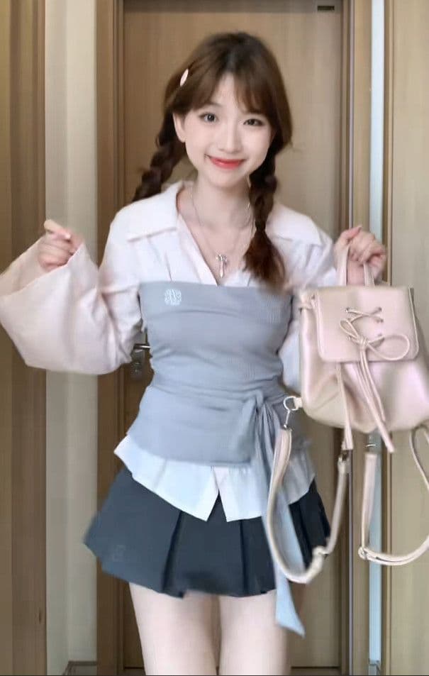 세트 여성 2026 봄 여름 새로운 한 부서 핫걸 페이크 레이어드 패치워크 긴팔 셔츠 하이웨이스트 슬림해 보이는 반신 스커트