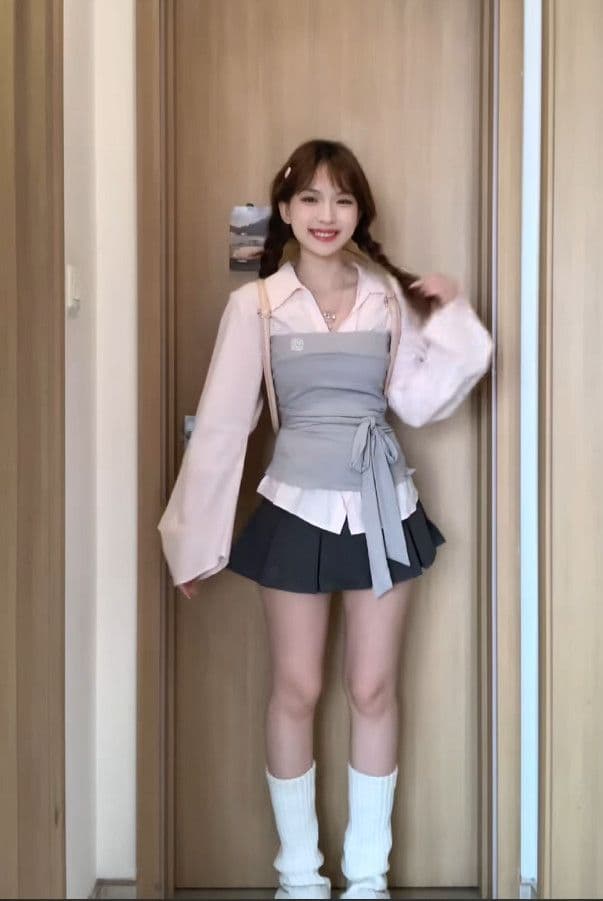 세트 여성 2026 봄 여름 새로운 한 부서 핫걸 페이크 레이어드 패치워크 긴팔 셔츠 하이웨이스트 슬림해 보이는 반신 스커트 이미지 2