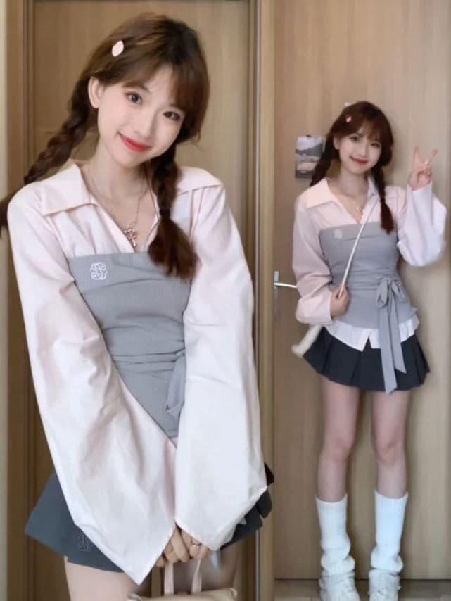세트 여성 2026 봄 여름 새로운 한 부서 핫걸 페이크 레이어드 패치워크 긴팔 셔츠 하이웨이스트 슬림해 보이는 반신 스커트 상세 이미지 1