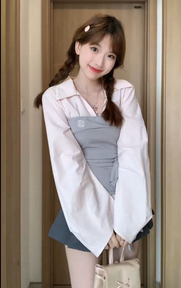 세트 여성 2026 봄 여름 새로운 한 부서 핫걸 페이크 레이어드 패치워크 긴팔 셔츠 하이웨이스트 슬림해 보이는 반신 스커트 상세 이미지 2