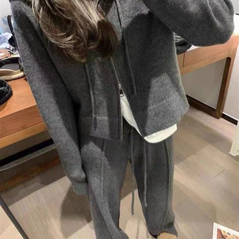 패션 스포츠 슈트 여성 봄 가을 새로운 캐주얼 후드 오픈 가디건 후드티 와이드 레그 팬츠 투피스 세트 트렌디 이미지 2