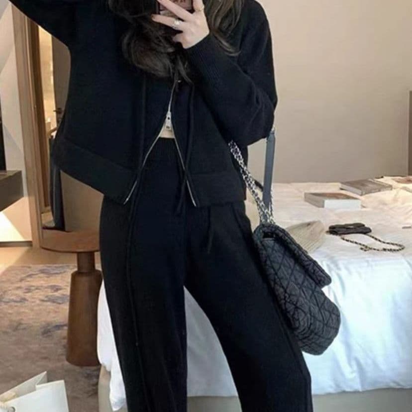 패션 스포츠 슈트 여성 봄 가을 새로운 캐주얼 후드 오픈 가디건 후드티 와이드 레그 팬츠 투피스 세트 트렌디 상세 이미지 2