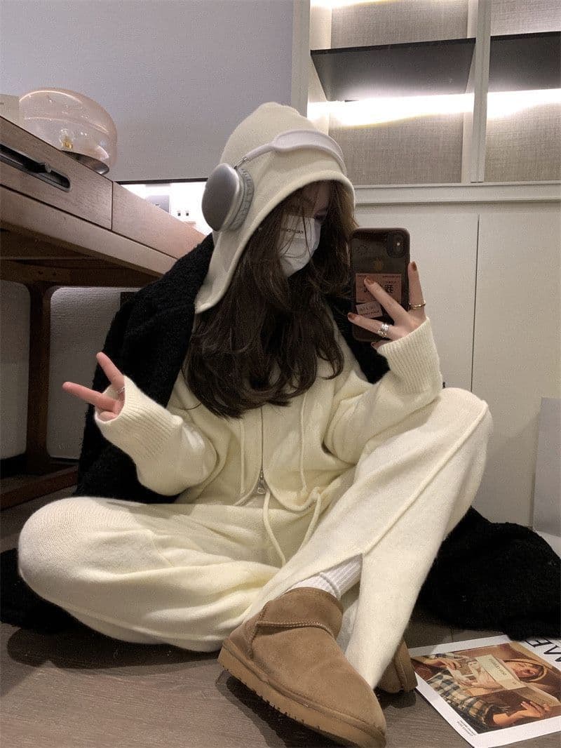 패션 스포츠 슈트 여성 봄 가을 새로운 캐주얼 후드 오픈 가디건 후드티 와이드 레그 팬츠 투피스 세트 트렌디 상세 이미지 8