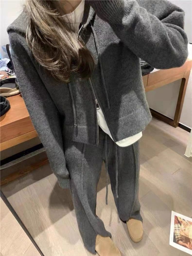 패션 스포츠 슈트 여성 봄 가을 새로운 캐주얼 후드 오픈 가디건 후드티 와이드 레그 팬츠 투피스 세트 트렌디 상세 이미지 9