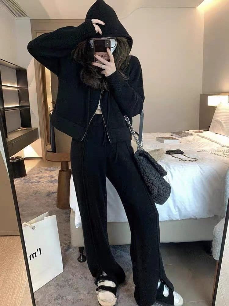 패션 스포츠 슈트 여성 봄 가을 새로운 캐주얼 후드 오픈 가디건 후드티 와이드 레그 팬츠 투피스 세트 트렌디 상세 이미지 14