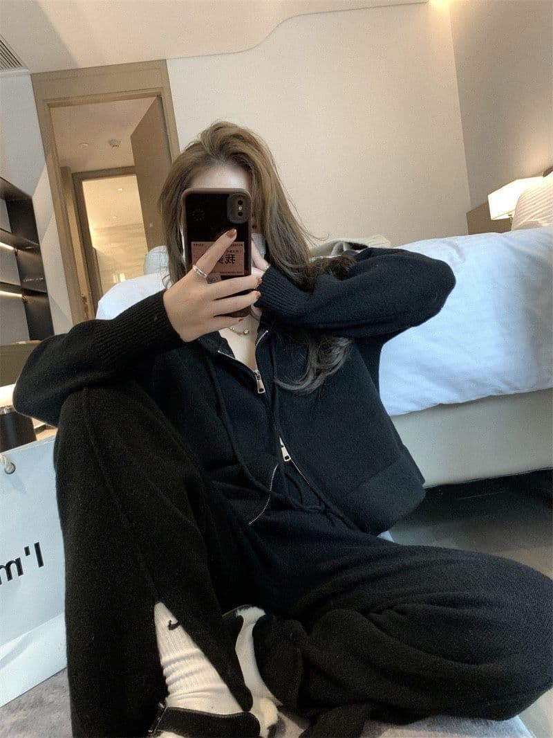 패션 스포츠 슈트 여성 봄 가을 새로운 캐주얼 후드 오픈 가디건 후드티 와이드 레그 팬츠 투피스 세트 트렌디 상세 이미지 18