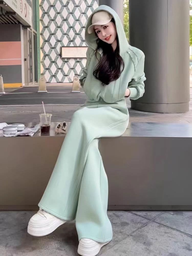 패션 스포츠 슈트 여성 봄 가을 새로운 캐주얼 후드 오픈 가디건 후드티 와이드 레그 팬츠 투피스 세트 트렌디 상세 이미지 3