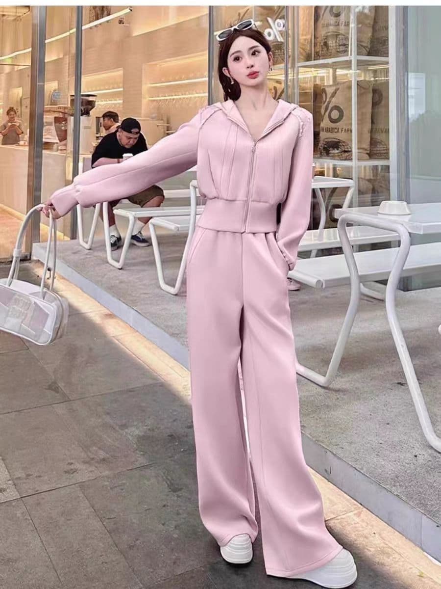 패션 스포츠 슈트 여성 봄 가을 새로운 캐주얼 후드 오픈 가디건 후드티 와이드 레그 팬츠 투피스 세트 트렌디 상세 이미지 6