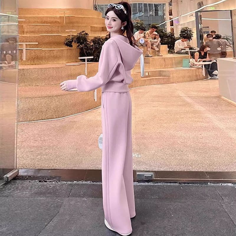 패션 스포츠 슈트 여성 봄 가을 새로운 캐주얼 후드 오픈 가디건 후드티 와이드 레그 팬츠 투피스 세트 트렌디 상세 이미지 8