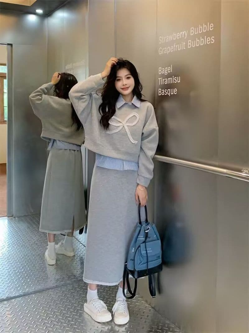 모방 면 사선 무늬 당겨 프레임 250그램 캐주얼 세트 여성 가을 페이크 레이어드 패치워크 후드티 반신 스커트 투피스 세트 이미지 2