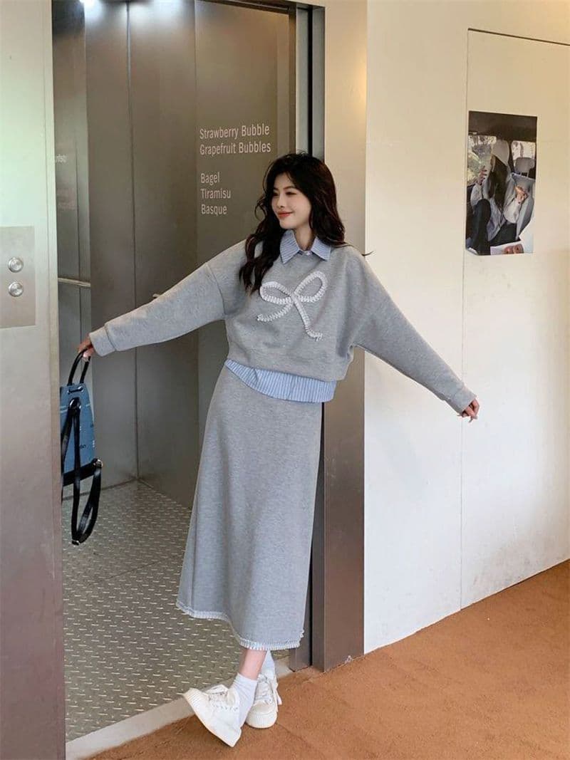 모방 면 사선 무늬 당겨 프레임 250그램 캐주얼 세트 여성 가을 페이크 레이어드 패치워크 후드티 반신 스커트 투피스 세트 이미지 3