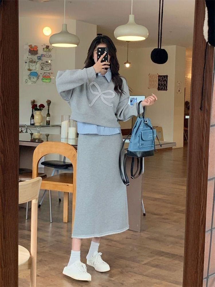 모방 면 사선 무늬 당겨 프레임 250그램 캐주얼 세트 여성 가을 페이크 레이어드 패치워크 후드티 반신 스커트 투피스 세트 상세 이미지 5