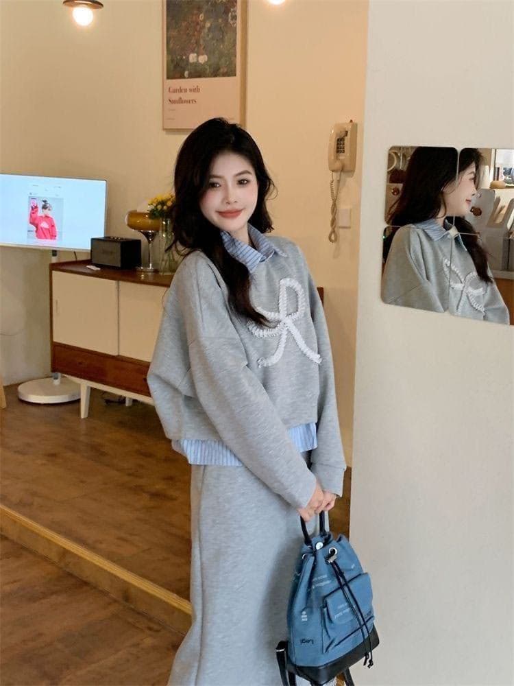 모방 면 사선 무늬 당겨 프레임 250그램 캐주얼 세트 여성 가을 페이크 레이어드 패치워크 후드티 반신 스커트 투피스 세트 상세 이미지 7
