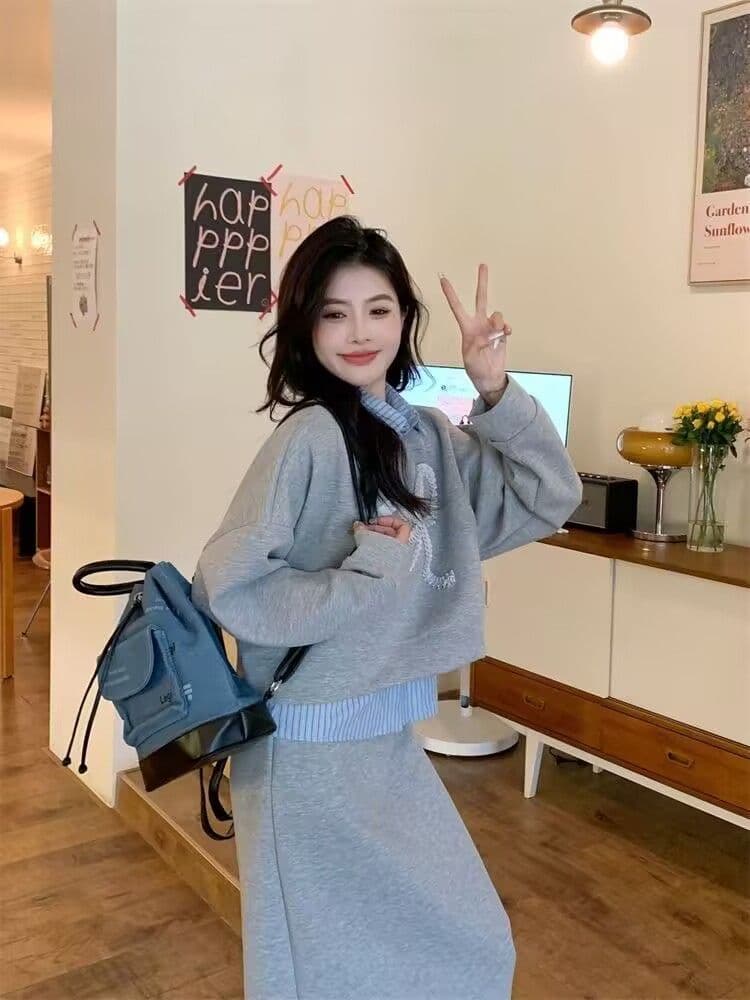 모방 면 사선 무늬 당겨 프레임 250그램 캐주얼 세트 여성 가을 페이크 레이어드 패치워크 후드티 반신 스커트 투피스 세트 상세 이미지 8