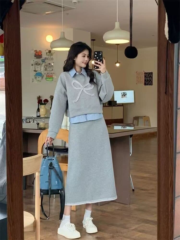 모방 면 사선 무늬 당겨 프레임 250그램 캐주얼 세트 여성 가을 페이크 레이어드 패치워크 후드티 반신 스커트 투피스 세트 상세 이미지 9