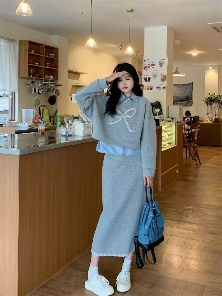 모방 면 사선 무늬 당겨 프레임 250그램 캐주얼 세트 여성 가을 페이크 레이어드 패치워크 후드티 반신 스커트 투피스 세트 상세 이미지 10