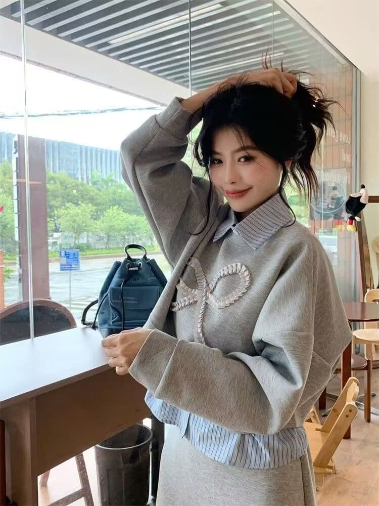 모방 면 사선 무늬 당겨 프레임 250그램 캐주얼 세트 여성 가을 페이크 레이어드 패치워크 후드티 반신 스커트 투피스 세트 상세 이미지 11