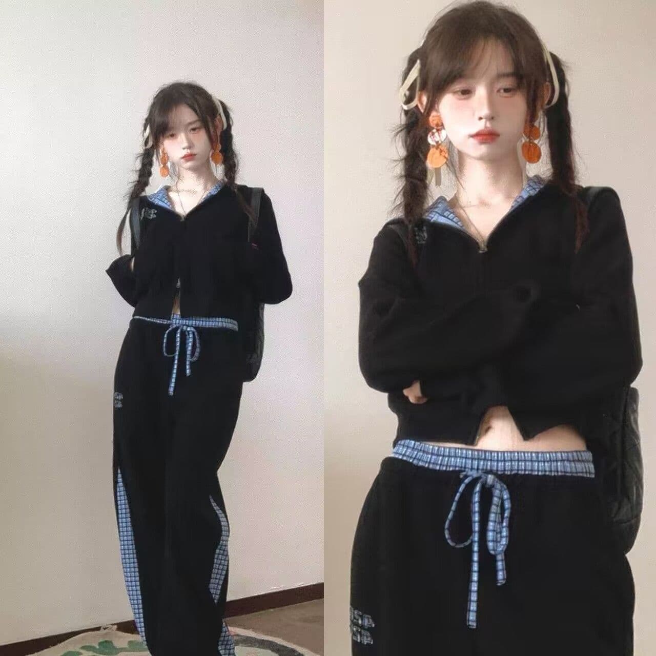 모방 Mianhua 면 320 그램 스포츠 슈트 여성 체크무늬 패치워크 후드 티 스웨터 가을 캐주얼 긴 바지 투피스 세트