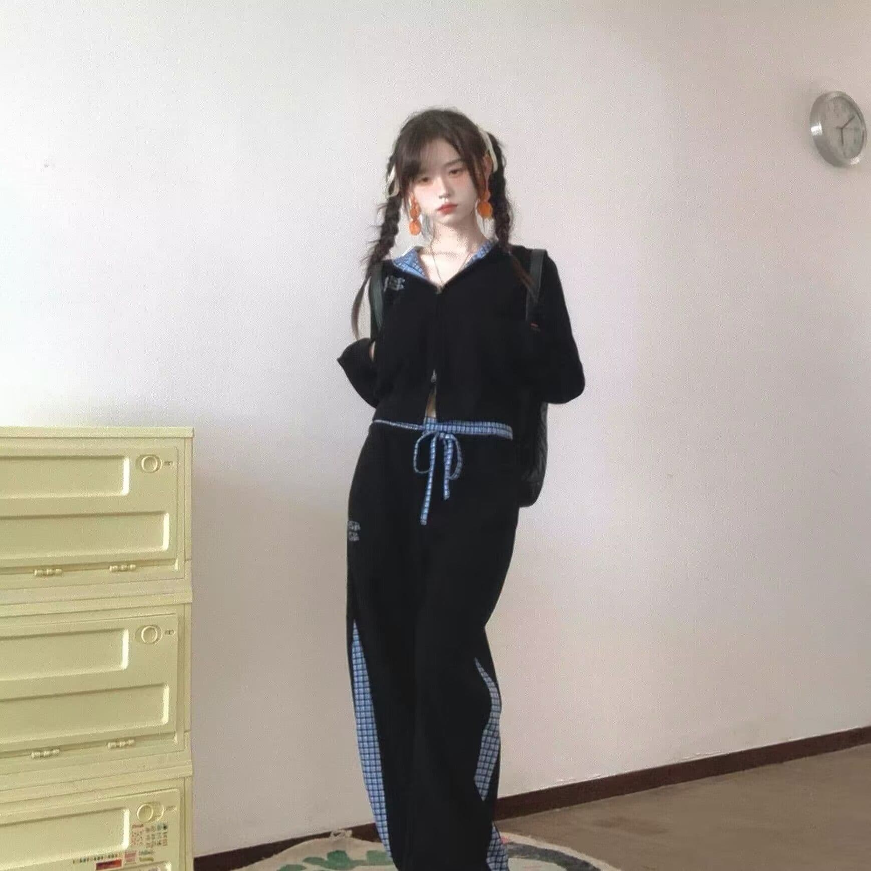 모방 Mianhua 면 320 그램 스포츠 슈트 여성 체크무늬 패치워크 후드 티 스웨터 가을 캐주얼 긴 바지 투피스 세트 상세 이미지 4