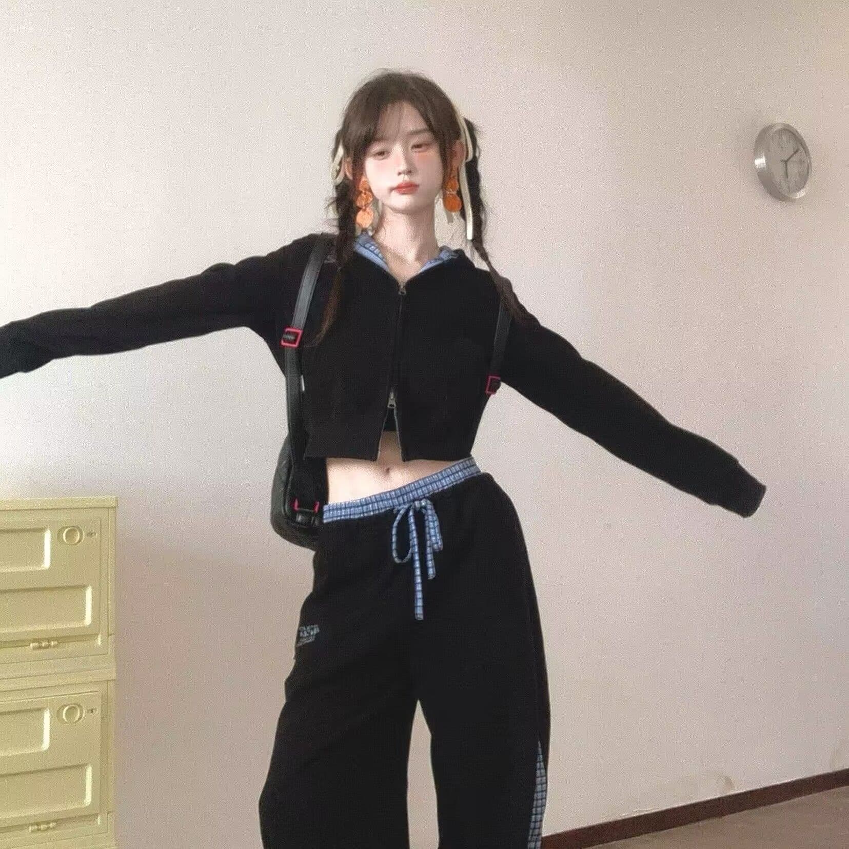 모방 Mianhua 면 320 그램 스포츠 슈트 여성 체크무늬 패치워크 후드 티 스웨터 가을 캐주얼 긴 바지 투피스 세트 상세 이미지 5