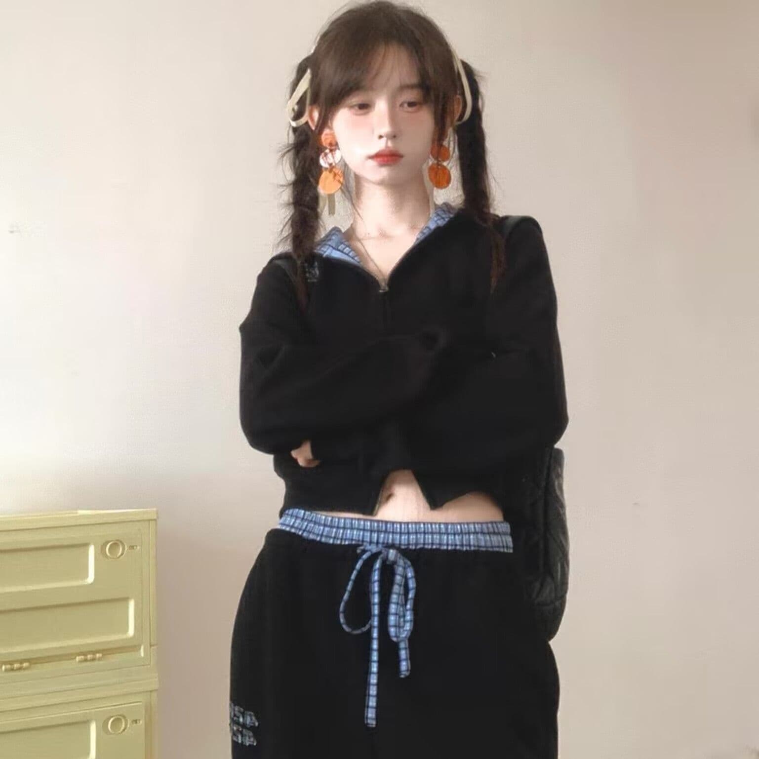모방 Mianhua 면 320 그램 스포츠 슈트 여성 체크무늬 패치워크 후드 티 스웨터 가을 캐주얼 긴 바지 투피스 세트 상세 이미지 7