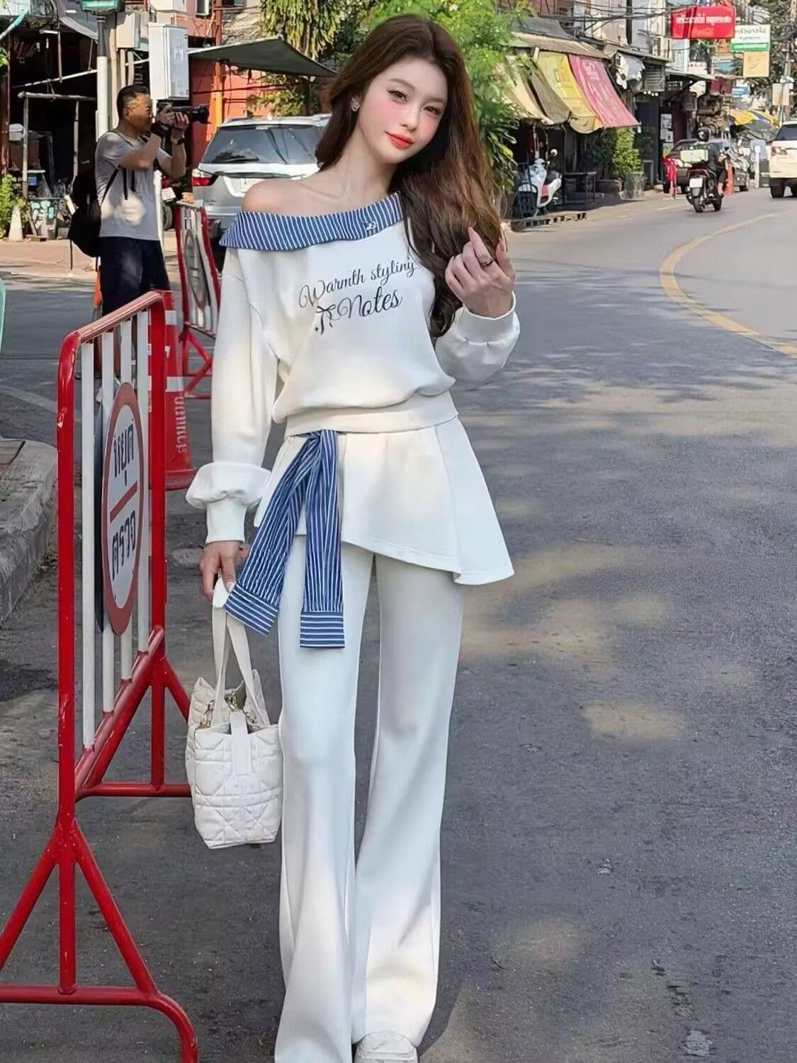 모방 면 남자 바 면 280 그램 패션 세트 여성 폴로 칼라 비스듬한 어깨 알파벳 맨위 방귀 커튼 와이드 레그 팬츠 투피스 세트 상세 이미지 3