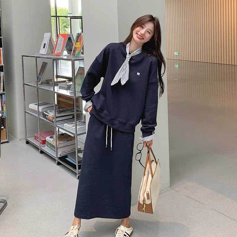 분위기 센스 한 부서 후드티 세트 드레스 여성 가을 새로운 스트라이프 나비 넥타이 캐주얼 반신 스커트 디자인 센스 투피스 세트 이미지 4