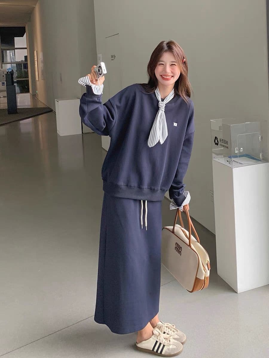 분위기 센스 한 부서 후드티 세트 드레스 여성 가을 새로운 스트라이프 나비 넥타이 캐주얼 반신 스커트 디자인 센스 투피스 세트 상세 이미지 3