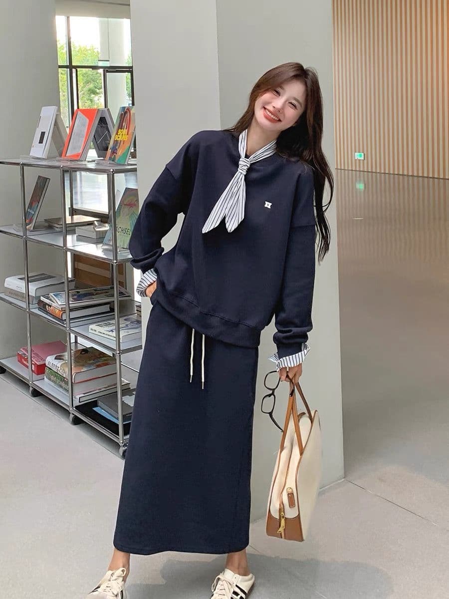 분위기 센스 한 부서 후드티 세트 드레스 여성 가을 새로운 스트라이프 나비 넥타이 캐주얼 반신 스커트 디자인 센스 투피스 세트 상세 이미지 6