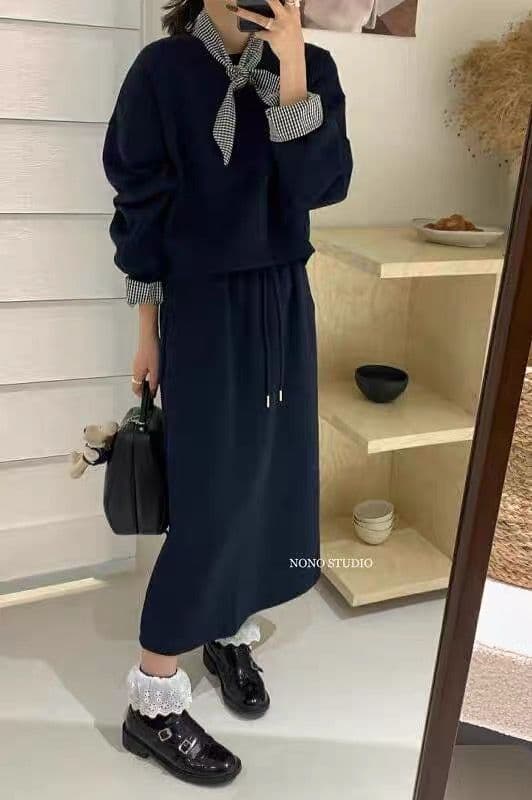 가을 한국 동대문 루즈핏 체크무늬 넥타이 쇼트 스타일 풀오버 스웨트셔츠 하이웨이스트 펌프 로프 반신 스커트 3종 세트 상세 이미지 5