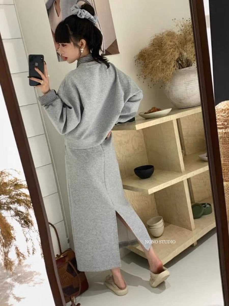 가을 한국 동대문 루즈핏 체크무늬 넥타이 쇼트 스타일 풀오버 스웨트셔츠 하이웨이스트 펌프 로프 반신 스커트 3종 세트 상세 이미지 8