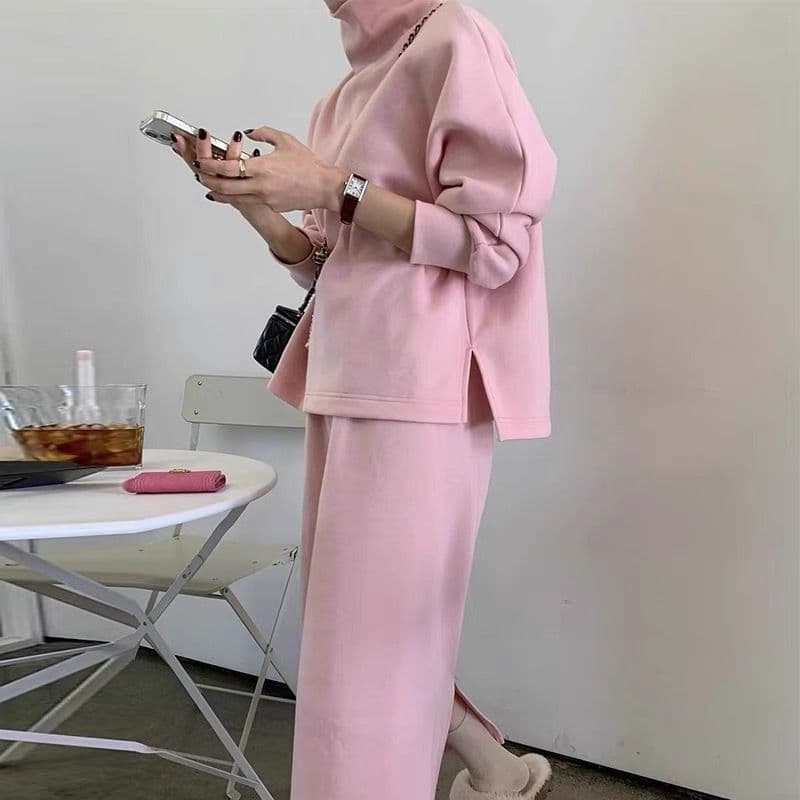 한국 chic 가을 겨울 품격 다용도 터틀넥 털이 있는 후드티 하이웨이스트 더블 주머니 트임 반신 치마 세트 여성 이미지 2
