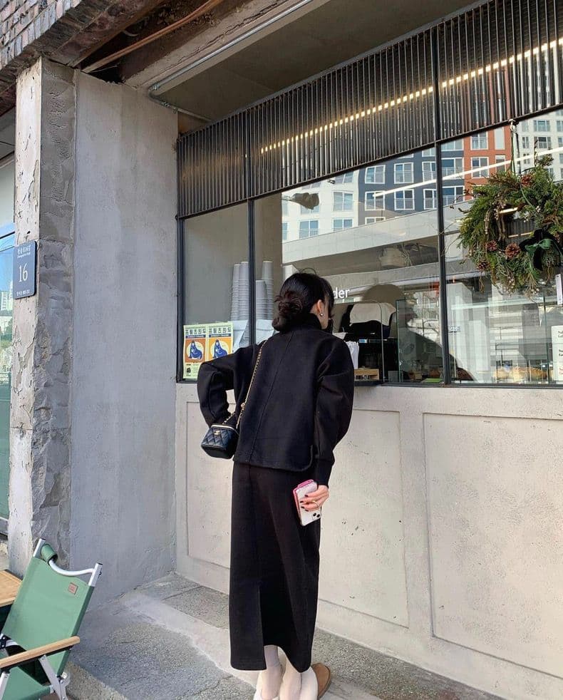 한국 chic 가을 겨울 품격 다용도 터틀넥 털이 있는 후드티 하이웨이스트 더블 주머니 트임 반신 치마 세트 여성 상세 이미지 6