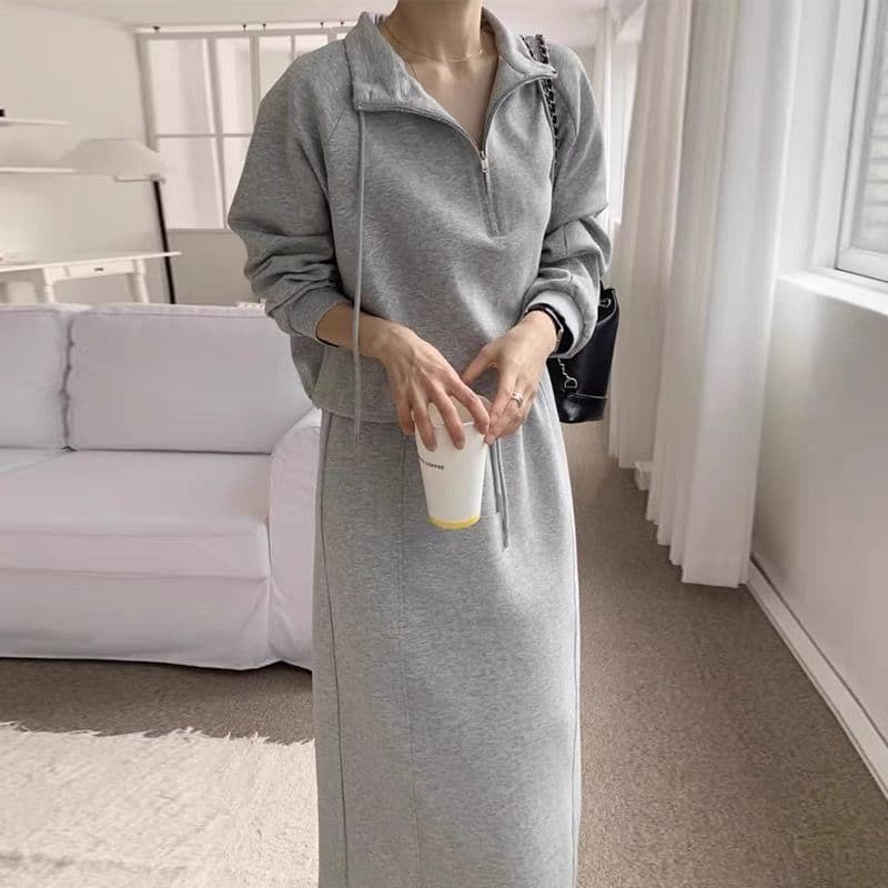 한국 chic 가을 레트로 미니멀리즘 하프 지퍼 펌프 로프 긴팔 후드티 이후 트임 스트레이트 반신 치마 세트 상세 이미지 1