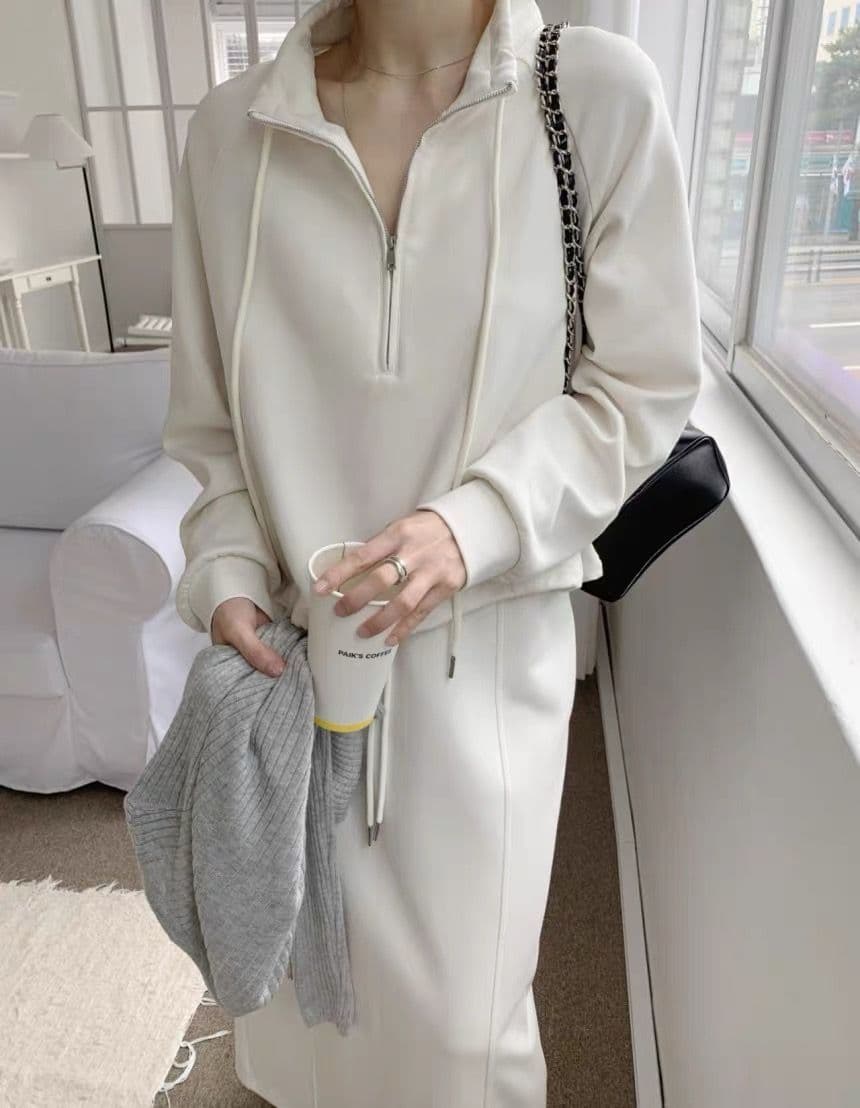 한국 chic 가을 레트로 미니멀리즘 하프 지퍼 펌프 로프 긴팔 후드티 이후 트임 스트레이트 반신 치마 세트 상세 이미지 9