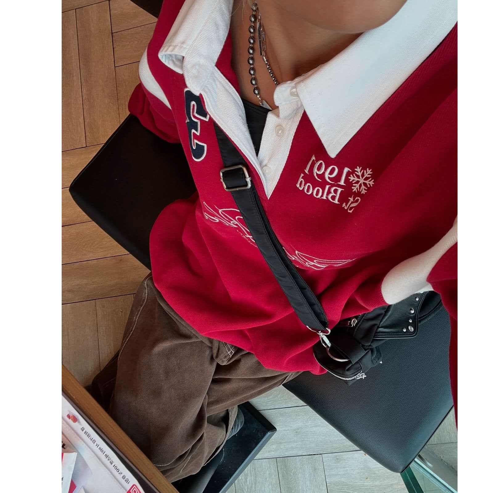 순수한 Mianhua 면 원본 솜씨 아메리칸 높음 거리 POLO 칼라 루즈핏 긴팔 프린트 후드티 저지 커플 남녀 가을 이미지 4