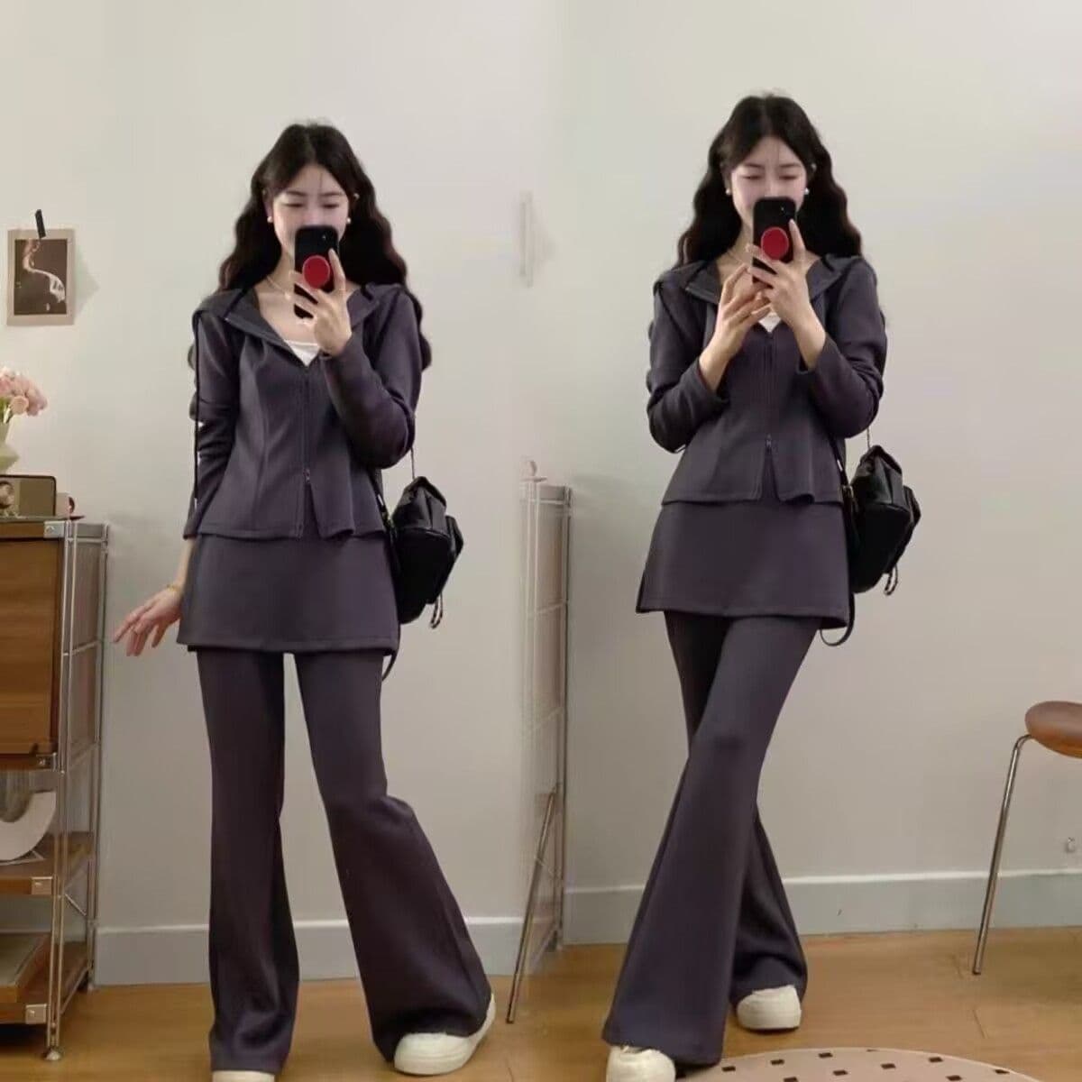 모방 면 사선 무늬 당겨 프레임 250그램 빅 사이즈 지방 mm 봄 가을 여성 레저 스포츠 슈트 새로운 패션 투피스 세트 상세 이미지 4