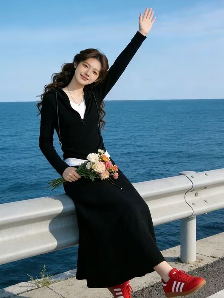 모조 캐시미어 280 그램 봄 가을 패션 캐주얼 세트 페이크 레이어드 후드 맨위 반신 스커트 두 조각 여성 세트 이미지 3