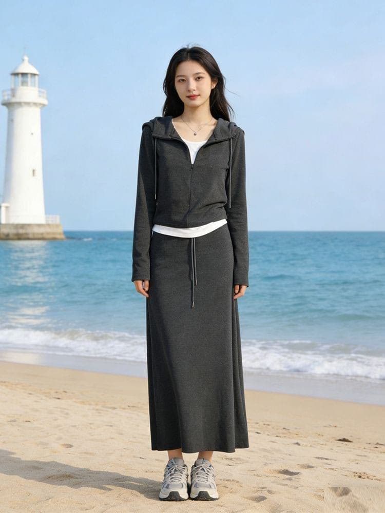모조 캐시미어 280 그램 봄 가을 패션 캐주얼 세트 페이크 레이어드 후드 맨위 반신 스커트 두 조각 여성 세트