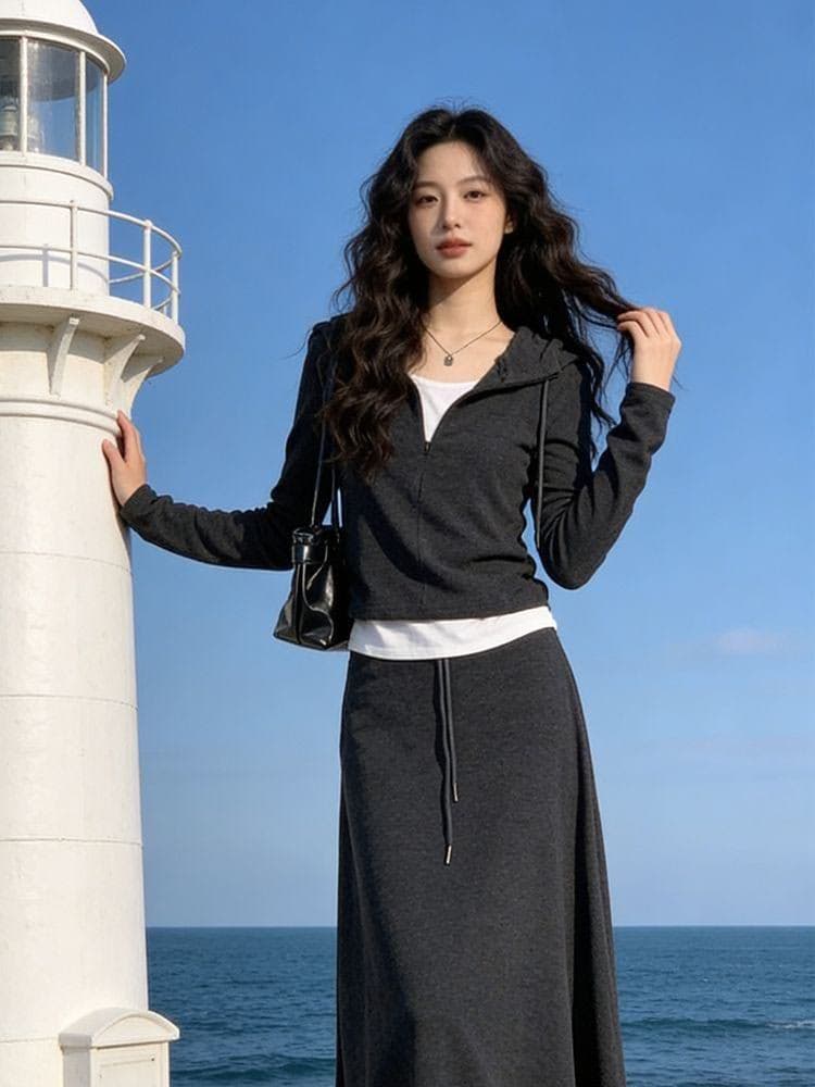 모조 캐시미어 280 그램 봄 가을 패션 캐주얼 세트 페이크 레이어드 후드 맨위 반신 스커트 두 조각 여성 세트 상세 이미지 3