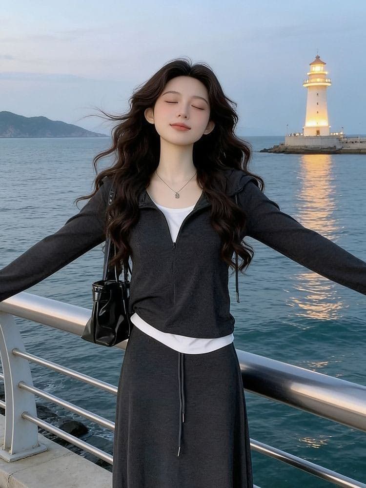 모조 캐시미어 280 그램 봄 가을 패션 캐주얼 세트 페이크 레이어드 후드 맨위 반신 스커트 두 조각 여성 세트 상세 이미지 7