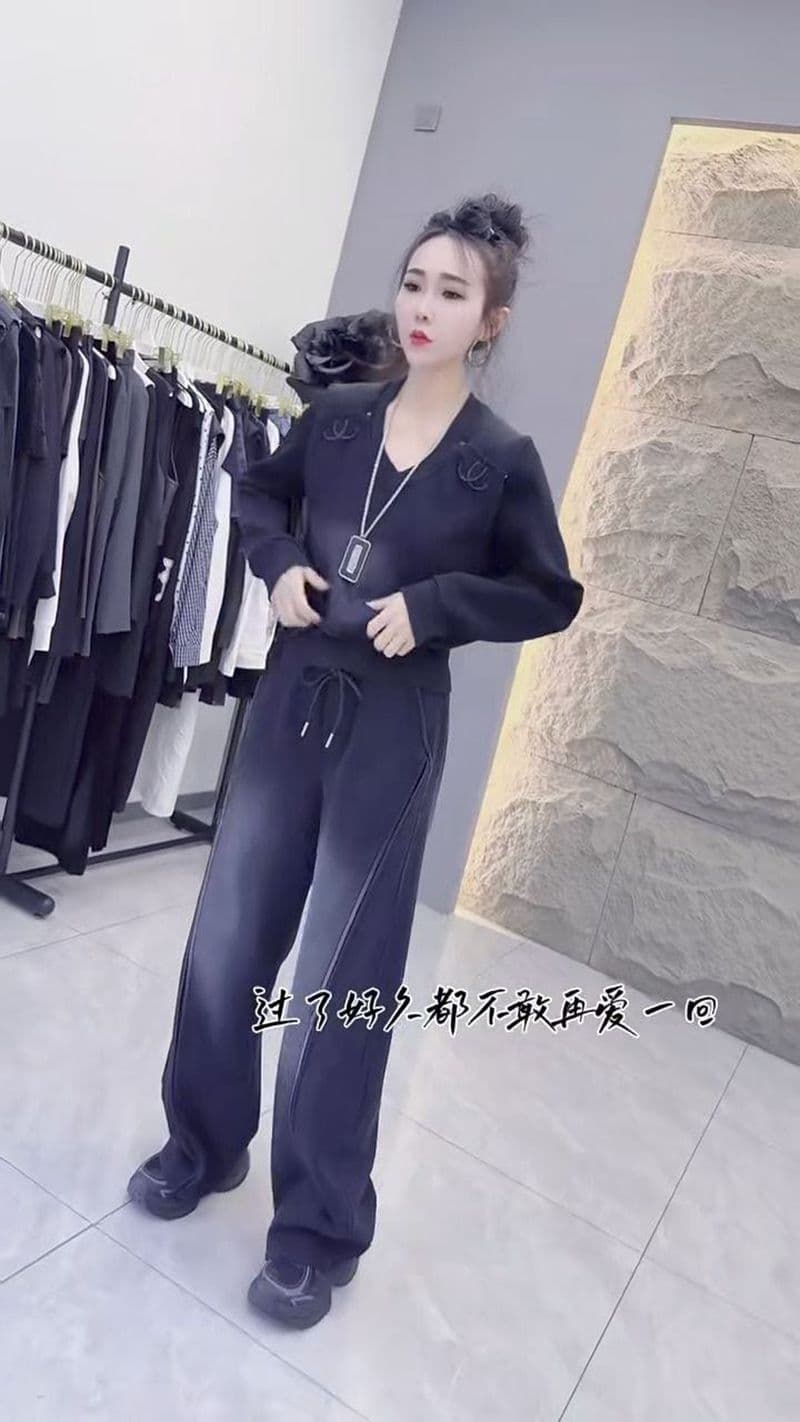 모방 면 사선 무늬 당겨 프레임 250그램 봄 가을 세트 여성 무거운 작업 캐주얼 긴팔 패션 와이드 레그 팬츠 투피스 세트 이미지 2