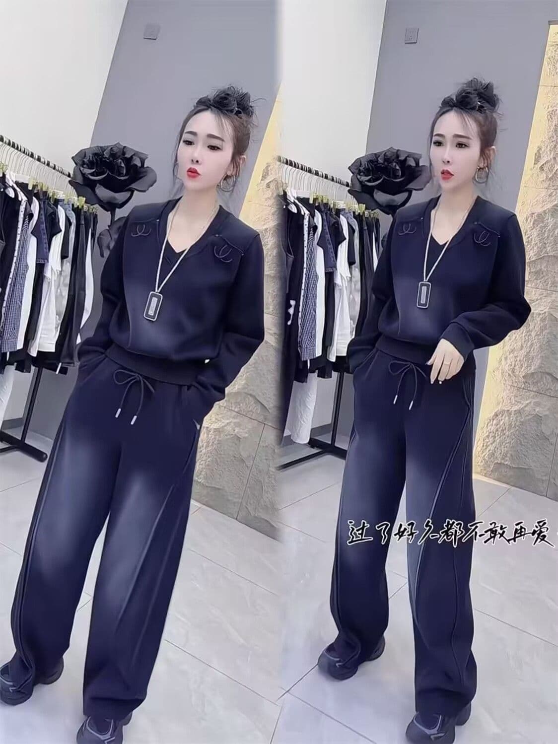 모방 면 사선 무늬 당겨 프레임 250그램 봄 가을 세트 여성 무거운 작업 캐주얼 긴팔 패션 와이드 레그 팬츠 투피스 세트